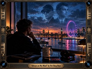 A solitary figure gazes through a rain-streaked window over neon-lit London, immersed in quiet reflection. Cool blues, violet highlights, and warm amber lamps create a bittersweet nocturnal mood. Ghostly portraits hover in the stormy sky, while records, headphones, and an ornate metallic musical frame reinforce memory, longing, and synth-pop elegance.