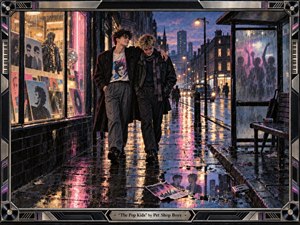 Two stylish young men stroll arm in arm along a rain-slick, neon-lit city street, passing a glowing record shop and a misted bus shelter alive with shadowy dancers. Reflections shimmer in pink, blue, and amber, while the textured, cinematic mixed-media painting is enclosed by an ornate synth-inspired frame and engraved title plate.