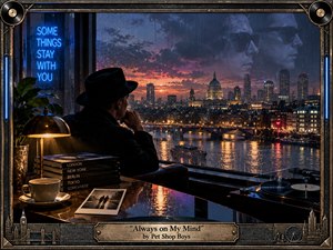 A contemplative man sits alone beside a rain-streaked window, overlooking a glowing riverside city at dusk. Deep blues, violet clouds, amber lights, and shimmering reflections create a wistful, romantic atmosphere. Photorealistic cinematic detail blends with Art Deco framing, vinyl accents, brass lighting, personal objects, and a weathered engraved title plaque.