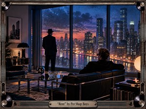 A cinematic neon-lit penthouse overlooks a rain-speckled city skyline at dusk, where two figures sit and stand in quiet contemplation. Deep blues, violet, and amber reflections fill the glass, chrome, and leather interior. The handcrafted industrial frame incorporates vinyl records and metallic details, while dramatic lighting creates a sophisticated, melancholic 1980s atmosphere.
