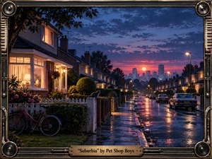 A rain-soaked suburban street descends toward a glowing city skyline beneath a dramatic violet and coral sunset. Warmly lit row houses, manicured gardens, a red bicycle, vintage cars, and a silhouetted cat create nostalgic domestic detail. Reflections shimmer across the pavement, blending cinematic realism with handcrafted retro-industrial framing and moody synth-pop atmosphere.