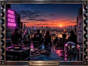 Six stylish young people sit together on a rain-slick rooftop overlooking a glowing city at sunset, surrounded by turntables, vinyl records, flight cases, and a disco ball. Neon pink signs contrast with deep blue skies and orange horizons. The cinematic, handcrafted poster style evokes youthful nightlife, friendship, nostalgia, ambition, and enduring pop culture.