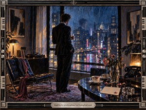 A solitary man stands before a rain-streaked city window at night, surrounded by elegant furnishings, wilted roses, untouched cups, and a silent telephone. Deep blues, amber lamplight, and neon reflections create a wistful, regretful mood. Painterly textures, glossy surfaces, and cinematic lighting emphasize memory, absence, longing, and quiet emotional distance.