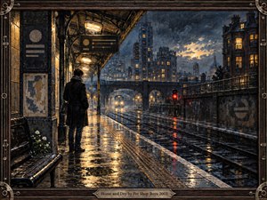A solitary traveler waits on a rain-soaked railway platform beneath warm station lights, facing a distant train and glowing city skyline. Deep blues, charcoal grays, amber reflections, and red signals create a wistful, hopeful mood. Painterly textures, wet pavement, ironwork, flowers, and the crafted frame add rich atmospheric detail.