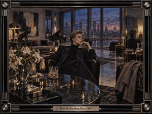 A solitary figure sits pensively in a luxurious penthouse overlooking a glowing city at dusk. Deep blacks, bronze accents, cool blue windows, and warm lamplight create an elegant, melancholic mood. Reflective marble, wilted lilies, crystal glassware, polished furnishings, and the ornate black frame evoke sophisticated 1980s romantic drama.