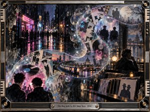 A luminous mixed-media cityscape traces youthful nightlife and memory through a sweeping S-curve of translucent bubbles, vinyl, trains, neon streets, and silhouetted figures. Deep blues, magenta, silver, and amber glow across rain-slick reflections, while a contemplative older figure adds wistful contrast. Metallic keyboard-inspired framing completes the nostalgic, handcrafted atmosphere.
