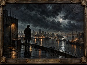 A lone figure stands on a rain-soaked rooftop overlooking a dark industrial harbor beneath turbulent storm clouds. Deep blue-black, charcoal, and muted teal tones contrast with warm amber city lights reflected across wet surfaces. Painted in a textured oil-on-wood style, the scene feels tense, cinematic, isolated, and quietly foreboding.