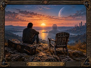 A solitary man sits on a rocky overlook beside a weathered guitar case and empty wooden chair, facing a glowing sunset across a vast lake and distant mountains. A translucent companion suggests memory and absence. Warm orange light contrasts with cool blue shadows, while the ornate guitar-inspired frame adds nostalgic, handcrafted detail.