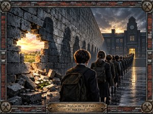 A line of uniformed schoolchildren moves toward a severe, clock-towered institution beside a massive weathered brick wall. A broken opening reveals warm countryside light and small white flowers among the rubble, contrasting oppression with hope. Stormy gray skies, wet pavement, industrial textures, dramatic golden illumination, and realistic digital painting create a tense, symbolic atmosphere.