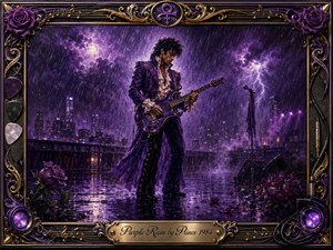 A lone guitarist performs beneath a stormy violet sky as purple rain sweeps across a reflective rooftop stage. Lightning, city lights, roses, mist, and scattered petals create a romantic, melancholic atmosphere. Rich oil-painted textures, glowing lavender highlights, and deep plum shadows are enclosed by an ornate gold-and-purple musical frame.