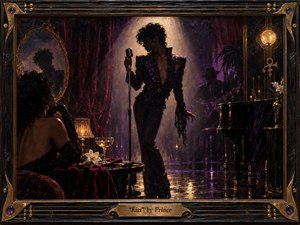 A sensual nightclub scene centers on a poised singer beneath a warm spotlight, surrounded by deep purple curtains, polished black surfaces, and golden reflections. A seated admirer and shadowed guitarist heighten the intimate tension. Rich oil-painted textures, dramatic lighting, vintage glamour, and ornate musical framing create a seductive, theatrical atmosphere.