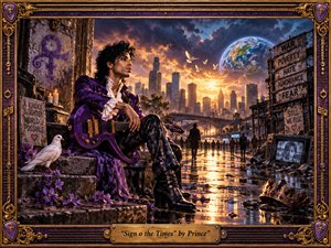 A contemplative purple-clad musician sits with his guitar in a rain-slicked, troubled city, surrounded by flowers, doves, protest imagery, decay, and distant crowds. Golden sunset light breaks through storm clouds, reflecting across wet streets. Rich purple, bronze, and amber tones create a dramatic, symbolic, cinematic mixed-media atmosphere.