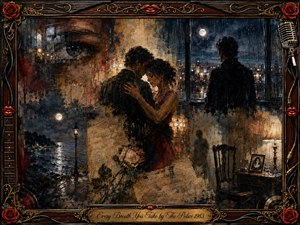 A rain-soaked romantic collage captures an embracing couple beneath a watchful eye while a solitary figure gazes across a moonlit city. Deep blues, sepia, crimson, and gold glow through textured oil, acrylic, and watercolor layers. Ornate rosewood framing, roses, chrome filigree, vinyl accents, and a vintage microphone heighten the haunting nostalgia.