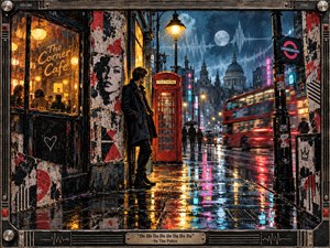 A solitary figure stands beneath warm streetlights on a rain-soaked London corner, framed by a glowing cafe, red telephone box, passing double-decker bus, and distant cathedral dome. Neon reflections streak across wet pavement beneath a moonlit sky, creating a moody new-wave atmosphere with gritty collage textures and industrial framing.