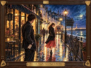 A shy young man watches a radiant woman cross a rain-slick seaside promenade beneath glowing streetlamps and moonlit clouds. Warm amber cafe light contrasts with deep blues, teal reflections, and her flowing red skirt. Painterly gouache-like textures, a vintage bus, bicycle, distant pier, and ornate wood-and-brass frame create romantic 1980s magic.