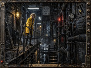 A lone figure in a bright yellow coat stands on a rusted industrial catwalk surrounded by pipes, gauges, vents, and shadowy machinery. Cold blue-gray darkness contrasts with amber lamps and red warning lights. The detailed mixed-media style emphasizes corroded metal, damp surfaces, pressure, isolation, and uneasy urban tension.
