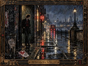 A solitary punk-styled figure stands beneath a rain-darkened London archway, watching a red double-decker bus recede along a reflective riverside street. Deep blues, blackened brick, amber lamps, and crimson neon create a tense, lonely mood. Painterly textures, torn posters, wet pavement, and industrial framing evoke late-1970s urban melancholy.