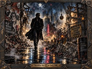 A lone dark-coated figure strides through a rain-soaked demolition zone beneath cranes, shattered brick, and glowing city towers. Cold blue moonlight contrasts with amber work lights and neon reflections in flooded pavement. The gritty mixed-media realism, industrial frame, flying debris, and battered architecture create a tense, rebellious urban atmosphere.