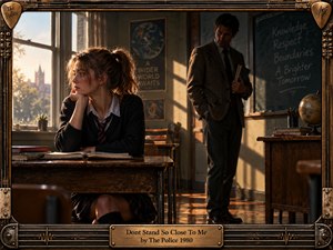 A sunlit 1980s classroom frames a tense emotional distance between a seated student and a standing teacher. Warm amber light, dark wood desks, chalkboards, books, and long shadows create a reflective, uneasy mood. Photorealistic detail, muted browns, black uniforms, and an ornate musical frame reinforce the period atmosphere.