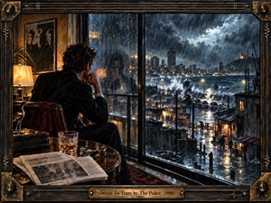 A solitary man sits beside a rain-streaked window overlooking a storm-lashed harbor city, framed by dark wood, brass hardware, and amplifier-like details. Cold blue-gray waves and clouds contrast with warm amber interior light, creating tense melancholy. Painterly realism, reflections, wet streets, distant figures, and dramatic weather deepen the atmosphere.