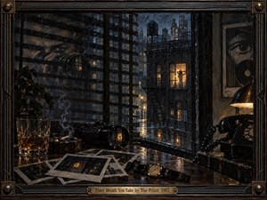 A rain-darkened city glows beyond venetian blinds as a shadowed observer watches a distant illuminated window. Cool blue-black streets, amber reflections, smoke, photographs, a camera lens, telephone, and wristwatch create tense intimacy. Rich painterly textures, worn surfaces, and brass framing give the scene a cinematic 1980s noir atmosphere.