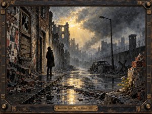 A lone figure stands in a shattered urban street beneath a storm-darkened sky as golden sunlight breaks through heavy clouds. Ruined buildings, barbed wire, wet pavement, rubble, and a burned car create a tense, war-scarred atmosphere. Rich oil-painted textures, muted grays, deep browns, and radiant amber light suggest fragile hope.