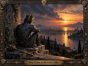 A solitary crowned figure sits on weathered stone above a glowing riverside city at sunset, conveying isolation, burden, and quiet despair. Deep blue shadows contrast with fiery orange light across mountains, water, towers, and clouds. An ornate distressed metal frame with guitar details and a fallen scepter strengthens the dramatic handcrafted symbolism.