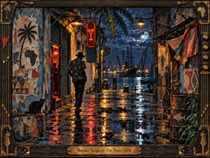 A lone figure crosses a rain-slick tropical harbor alley beneath amber lamps and moonlit clouds. Deep indigo, rust, teal, and red reflections pulse across wet pavement, while ships, wires, palm fronds, a black cat, and weathered walls create a tense, nocturnal rhythm. Painterly mixed media textures and a brass musical frame add tactile character.