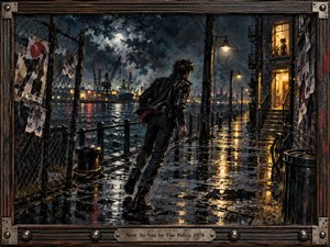A rain-soaked harbor walkway glows beneath amber streetlights as a lone young man strides toward a warmly lit apartment window. Dark water, cranes, torn posters, and industrial shadows create restless urban tension. Thick painterly textures, deep blues, black leather, and golden reflections evoke urgent late-1970s punk energy.