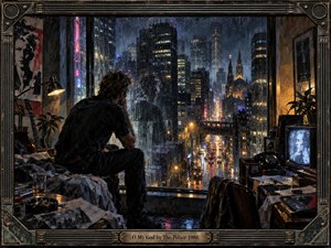 A brooding man sits in a cluttered apartment, gazing through a rain streaked window over a glowing city at night. Amber lamps and neon reflections illuminate wet streets, a distant church spire, scattered papers, a guitar, and an old television. The richly textured painting feels noir, moody, intimate, and urban.