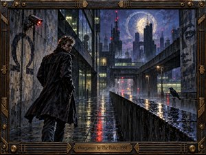 A solitary man in a dark raincoat walks through a wet industrial city beneath a huge pale moon. Cold blue-gray towers, red warning lights, surveillance cameras, and reflective pavement create a tense, isolated mood. Painterly textures, harsh architecture, deep shadows, and a perched black bird heighten the ominous nocturnal atmosphere.