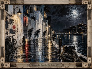 A moonlit harbor street glistens after rain, where blurred figures move past whitewashed walls, bicycles, boats, ropes, and warm lamps. Deep blues, chalky whites, silver reflections, and muted red accents create a tense, rhythmic nocturnal mood. Textured mixed-media brushwork and an industrial musical frame evoke late-1970s new-wave energy.