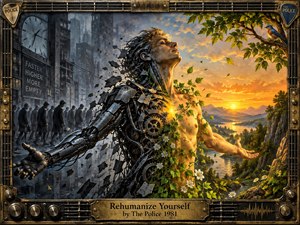 A divided cityscape shows a half-mechanical, half-human figure breaking from a gray industrial world toward a glowing natural valley. Cold steel, crowds, gears, and smoke contrast with warm sunlight, green vines, flowers, mountains, and water. The ornate brass frame reinforces the tense, transformational, handcrafted surrealist mood.