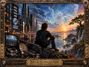 A solitary figure sits between a crowded neon city and a radiant natural horizon, symbolizing tension between material ambition and spiritual awareness. Storm clouds, glowing faces, waterfalls, mountains, money, clocks, and reflective water create a dramatic surreal scene, framed in weathered metal with warm golden sunset light.