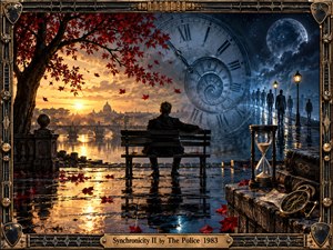 A solitary man sits on a rain-darkened bench between golden sunset and moonlit night, surrounded by a river city, red autumn leaves, glowing lamps, and a spiraling clock. An hourglass and compass reinforce themes of time, fate, and tension. The ornate metallic frame adds dramatic handcrafted detail.