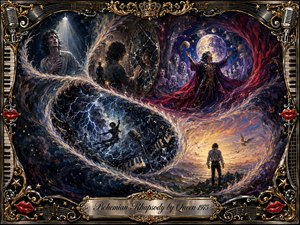 An ornate oil-painted fantasy unfolds through feathered S-curves, moving from a troubled singer beneath a spotlight to shattered reflections, operatic celestial drama, violent musical storms, and a peaceful golden dawn. Midnight blues, purples, crimson, silver, and gold glow within a lavish musical frame of piano keys, microphones, stars, and filigree.