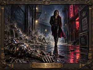 A defiant leather-clad figure strides through a rain-slicked urban alley as shattered chrome mannequins collapse around him. Crimson neon, amber streetlights, and cool blue shadows create a tense nocturnal atmosphere. The richly textured digital painting combines cinematic realism with metallic reflections, smoky depth, dramatic perspective, and an ornate industrial frame.