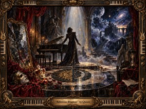 A solitary, dark-clad figure stands beside a grand piano in a ruined theatrical hall opening onto a moonlit cosmic landscape. Crimson velvet, antique gold, midnight blue, and smoky violet create an operatic, haunting mood. Dramatic spotlighting illuminates fractured mirrors, masks, a fallen crown, marble floors, candles, and ornate baroque-rock framing.
