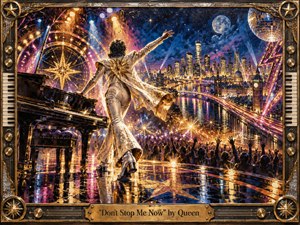 A glittering glam-rock performer strides across a reflective concert stage toward a cheering crowd and luminous city skyline. Gold, cobalt, magenta, and violet lights blaze through the night, reflecting across water and polished surfaces. Rich mixed-media textures, metallic details, piano motifs, starbursts, and an ornate vintage frame create triumphant, theatrical energy.