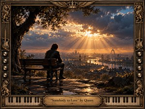 A solitary figure sits beneath a sprawling tree, overlooking a glowing riverside city at sunset. Golden rays pierce stormy clouds, creating a mood of yearning, loneliness, and hope. Rich bronze, amber, and deep blue tones enhance the cinematic realism, while an ornate music-inspired frame, piano keys, guitars, crowns, lions, and engraved title plate add theatrical grandeur.