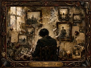A solitary figure sits before a wall of fading framed memories, weathered photographs, roses, and scattered keepsakes. Sepia, charcoal, black, and muted gold create a somber, introspective mood, illuminated by soft window light and candle glow. Textured mixed-media brushwork and ornate musical framing evoke longing, uncertainty, and emotional isolation.