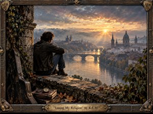 A solitary man sits on a weathered stone overlook above a misty river city at sunset, surrounded by ivy, autumn leaves, old books, and a battered guitar case. Warm golden light breaks through storm clouds, creating a reflective, melancholic mood. An ornate aged metal frame reinforces the handcrafted, nostalgic atmosphere.