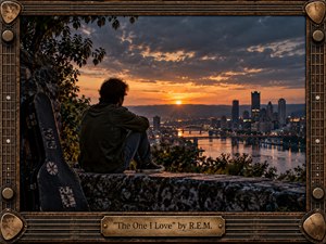 A solitary figure sits on a weathered stone overlook beside a battered guitar case, watching a glowing city skyline beyond a winding river at sunset. Warm amber light contrasts with brooding blue-gray clouds, creating reflective tension. A richly distressed guitar-inspired metal frame and engraved brass title plate reinforce the nostalgic alternative-rock atmosphere.