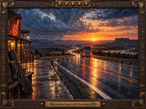 A rain-slick highway curves toward a fiery sunset as a tour bus disappears into the distance. Warm neon glows from a rustic roadside stop beside a waiting guitar case, while storm clouds deepen the blue-orange sky. Rich oil-paint textures, reflections, and guitar-themed framing create a nostalgic, restless rock atmosphere.