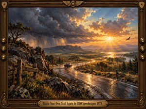 A dramatic oil-painted landscape shows a lone vintage car following a winding rain-slick road toward a glowing horizon. Dark storm clouds retreat across rugged cliffs and valleys as golden sunlight breaks through. Warm amber, blue, and earthy tones, reflective pavement, distant water, and ornate musical framing create a hopeful, cinematic mood.