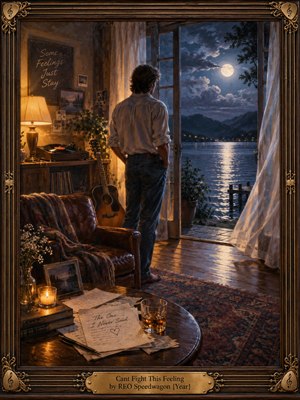 A solitary man stands in a warmly lit lakeside room, gazing through open doors toward a moonlit lake and distant mountains. Amber lamplight contrasts with cool blue night tones, while handwritten pages, a guitar, records, and billowing curtains deepen the nostalgic mood. Rich oil-paint textures create romantic, cinematic intimacy.