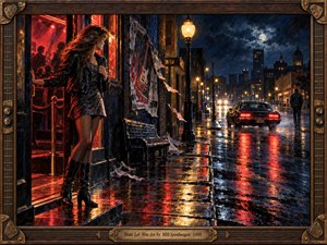 A rain-soaked city street glows with red neon and amber lamps as a young woman watches a dark car disappear into the night. Deep blues, wet reflections, torn posters, and distant figures create restless tension. Rich painterly brushwork and a guitar-inspired wooden frame evoke dramatic early-1980s rock atmosphere.