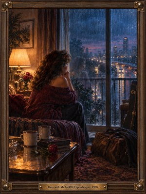 A solitary woman sits beside a rain-streaked window, gazing across a glowing city highway while warm lamplight fills the room. Burgundy fabrics, roses, two mugs, a travel bag, and a guitar case deepen the wistful mood. Rich blue and amber tones, reflective surfaces, and realistic oil-painting detail create intimate late-night longing.