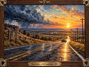 A lone vintage car follows a rain-darkened highway toward a blazing golden horizon while heavy blue-gray storm clouds retreat across the left sky. Warm sunlight reflects from cracked pavement and windswept fields, creating a resilient, hopeful mood. Rich oil brushwork, deep perspective, utility poles, and a carved wood-and-brass musical frame complete the cinematic 1970s rock atmosphere.