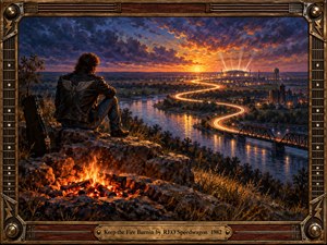 A solitary figure sits beside a glowing campfire on a rocky overlook, gazing across a river valley toward distant stadium lights. A winding illuminated highway leads through the twilight landscape beneath dramatic blue, purple, and orange clouds. Rich oil-paint textures, warm reflections, and a guitar-inspired frame create an anthemic, nostalgic mood.